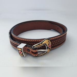 New. Western Woven Leather Belt with Decorative Buckle. 34-36.